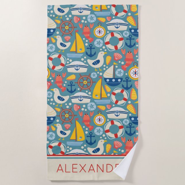 Cute Nautical Sea Life Personalized Beach Towel (Front)