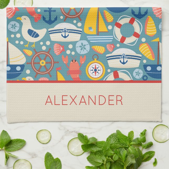 Cute Nautical Sea Life Personalized Kitchen Towel (Folded)