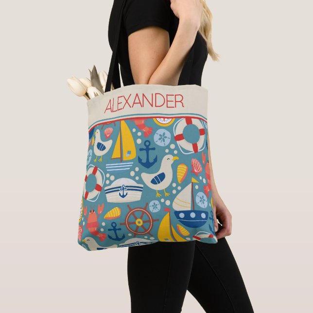 Cute Nautical Sea Life Personalized Tote Bag (Close Up)