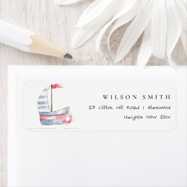 Cute Nautical Soft Red Blue Sailboat Kids Address Label (Insitu)