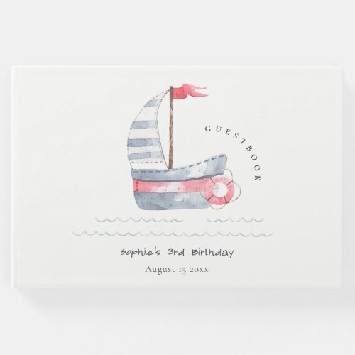 Cute Nautical Soft Red Blue Sailboat Kids Birthday Guest Book