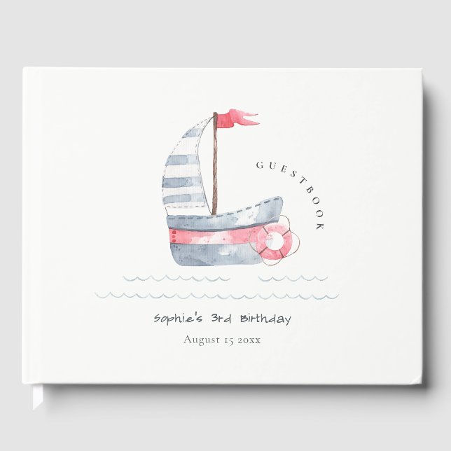 Cute Nautical Soft Red Blue Sailboat Kids Birthday Guest Book (Front)