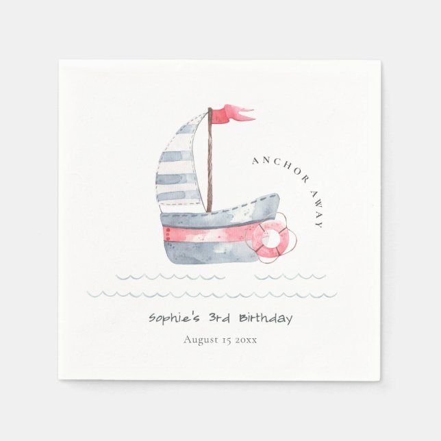 Cute Nautical Soft Red Blue Sailboat Kids Birthday Napkins (Front)