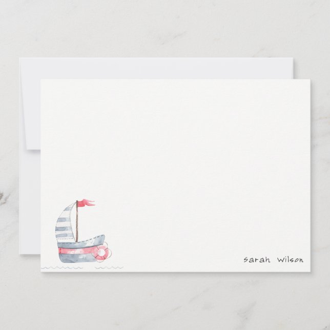 Cute Nautical Soft Red Blue Sailboat Kids Birthday Note Card (Front)