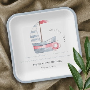 Cute Nautical Soft Red Blue Sailboat Kids Birthday Paper Plates