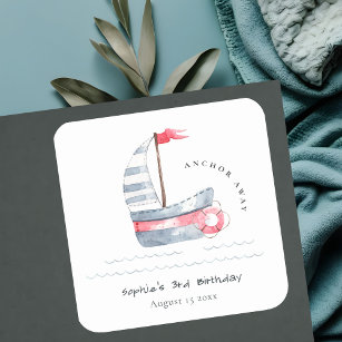 Cute Nautical Soft Red Blue Sailboat Kids Birthday Square Sticker