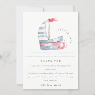 Cute Nautical Soft Red Blue Sailboat Kids Birthday Thank You Card