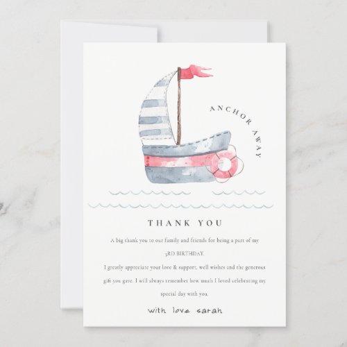 Cute Nautical Soft Red Blue Sailboat Kids Birthday Thank You Card