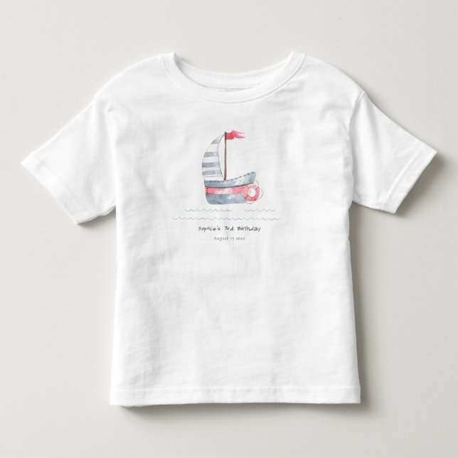 Cute Nautical Soft Red Blue Sailboat Kids Birthday Toddler T-shirt (Front)