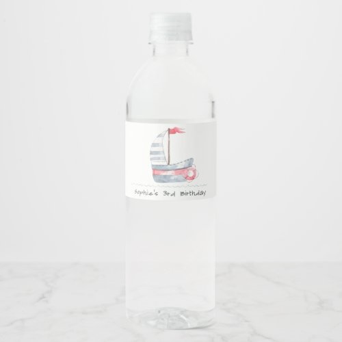 Cute Nautical Soft Red Blue Sailboat Kids Birthday Water Bottle Label
