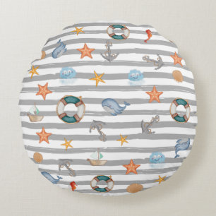 Cute nautical stripes pattern whale navy boat grey round pillow