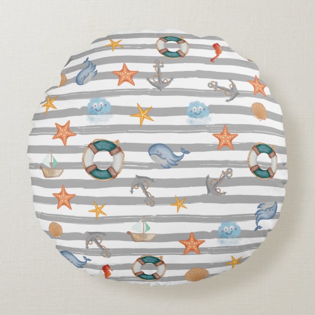 Cute nautical stripes pattern whale navy boat grey round pillow (Front)