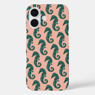 Cute Nautical Teal and Coral Seahorse Pattern iPhone 16 Case