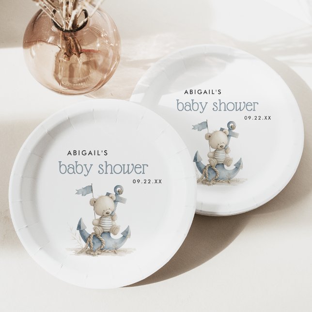 Cute Nautical Teddy Bear Baby Shower Paper Plates (Creator Uploaded)