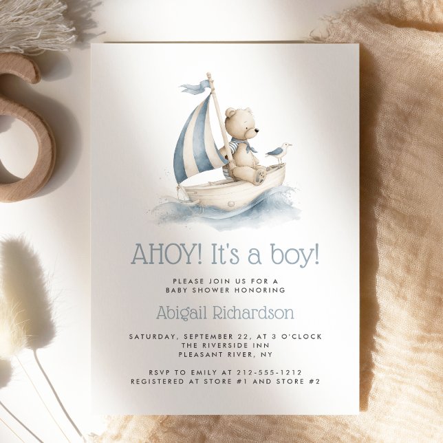 Cute Nautical Teddy Bear Boy Baby Shower Invitation (Creator Uploaded)