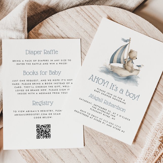 Cute Nautical Teddy Bear QR Code Boy Baby Shower Invitation (Creator Uploaded)