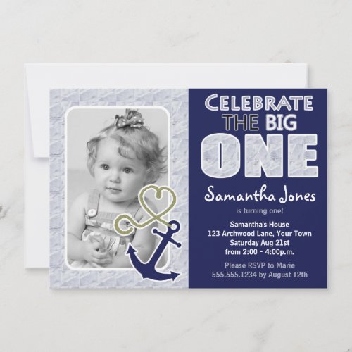 Cute Nautical Theme First Birthday Party Blue Invitation