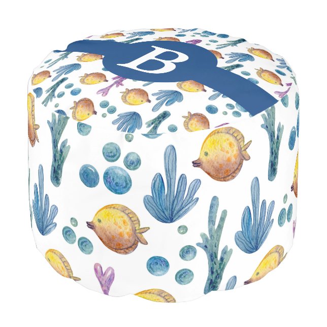 Cute Nautical Tropical Fish Sea Ocean Monogram Pouf (Angled Front)