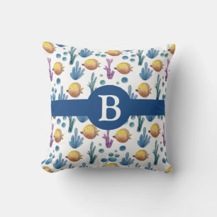 Cute Nautical Tropical Fish Sea Ocean Monogram Throw Pillow