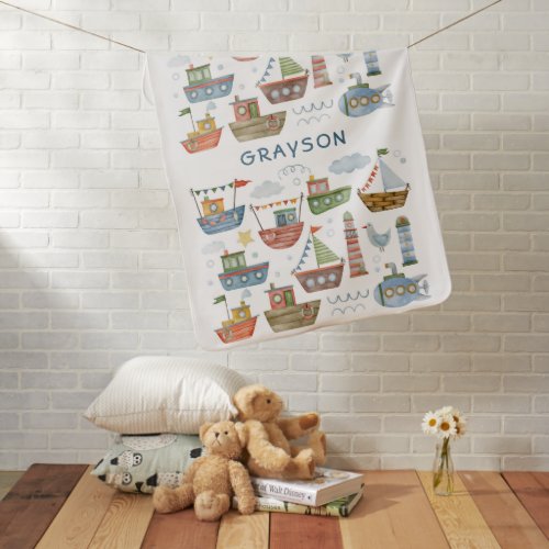 Cute Nautical Watercolor Boats Baby Boy Add Name Baby Blanket