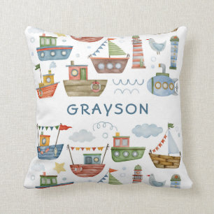 Cute Nautical Watercolor Boats Baby Boy Add Name Throw Pillow
