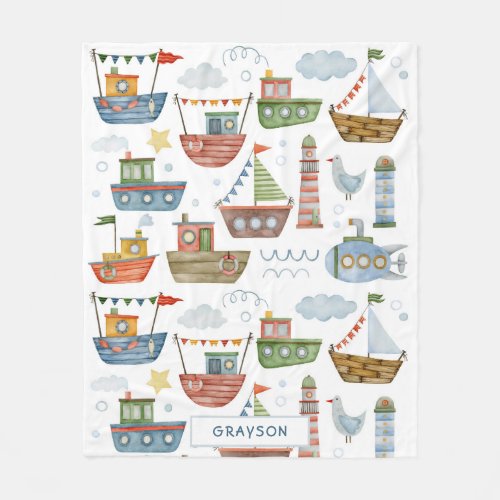 Cute Nautical Watercolor Boats Boy Personalized Fleece Blanket