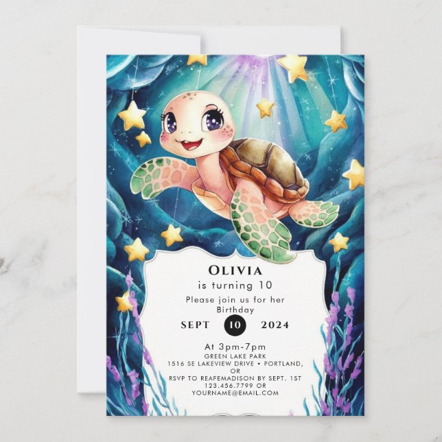 Cute Nautical Watercolor Turtle Birthday Invitation (Front)