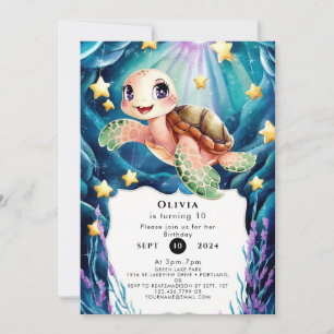 Cute Nautical Watercolor Turtle Birthday Invitation