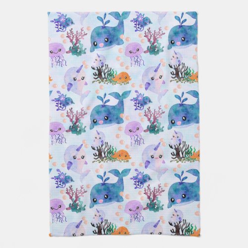 Cute Nautical Watercolor Whale Narwhal Jellyfish Kitchen Towel