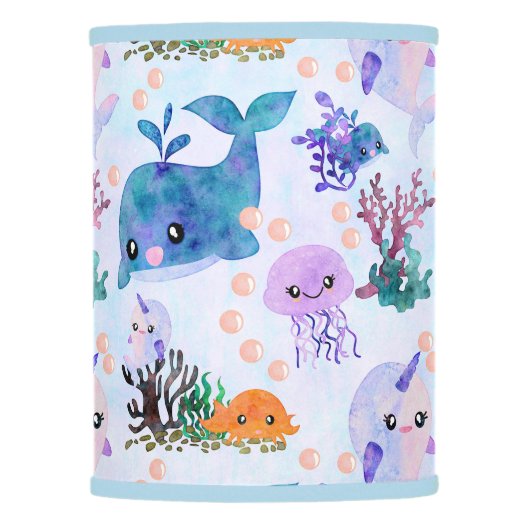 Cute Nautical Watercolor Whale Narwhal Jellyfish Lamp Shade (Front)