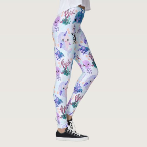 Cute Nautical Watercolor Whale Narwhal Jellyfish Leggings