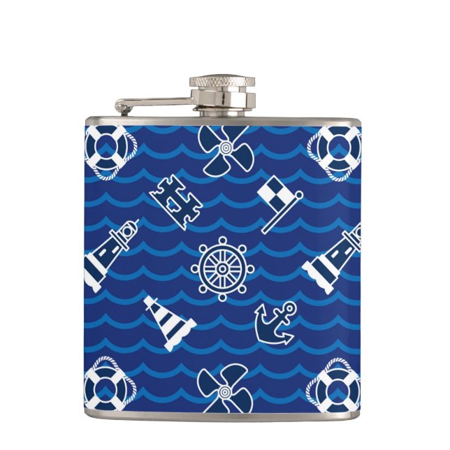 Cute Nautical Waves Pattern Hip Flask (Front)