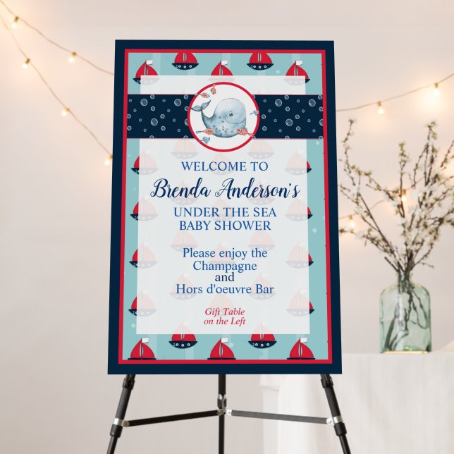 Cute Nautical Whale Baby Shower Welcome Sign (In Situ (Stand))