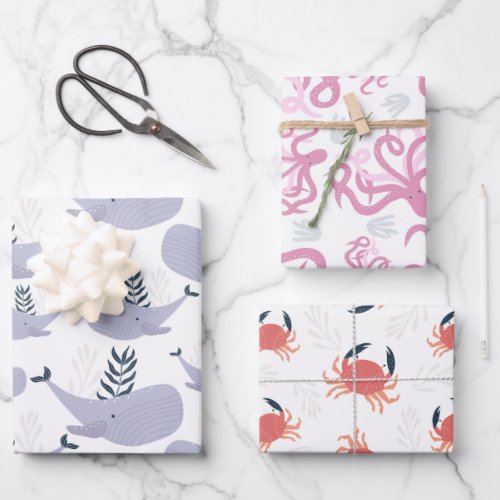 Cute Nautical Whale Crab Octopus  Wrapping Paper Sheets