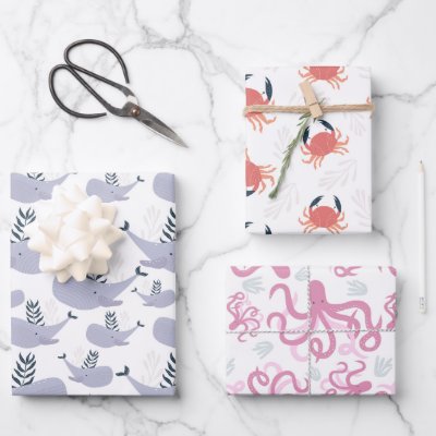 Cute Nautical Whale Crab Octopus Wrapping Paper Sheets