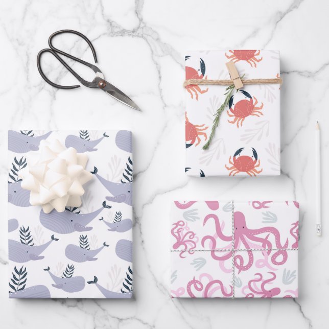 Cute Nautical Whale Crab Octopus Wrapping Paper Sheets (Front)