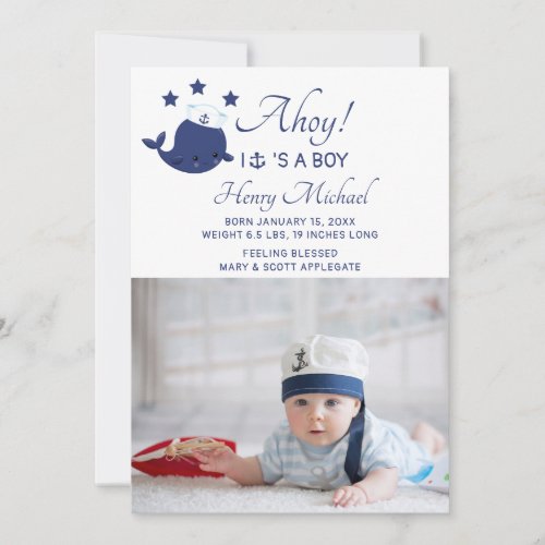 Cute Nautical Whale Newborn Photo Baby Boy Birth Announcement