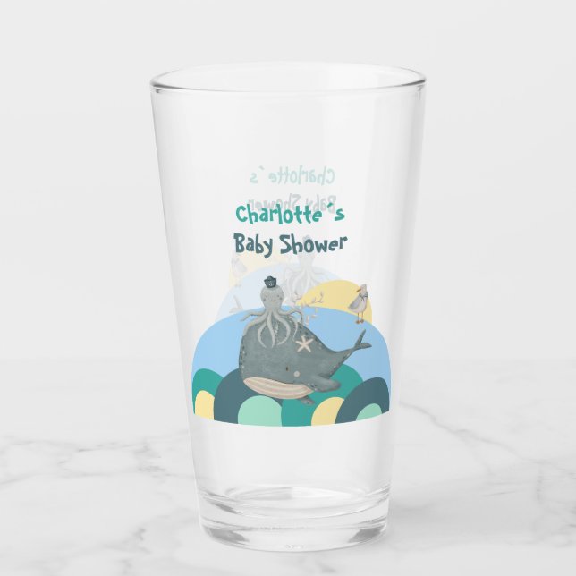 Cute Nautical Whale Octopus Green Baby Shower Glass (Front)