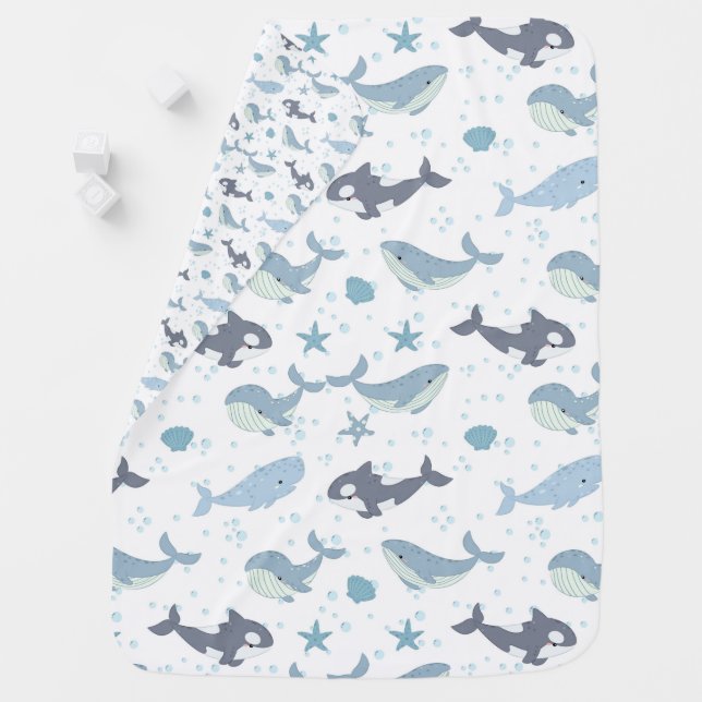 Cute Nautical Whales Pattern Blue Baby Blanket (In Situ)