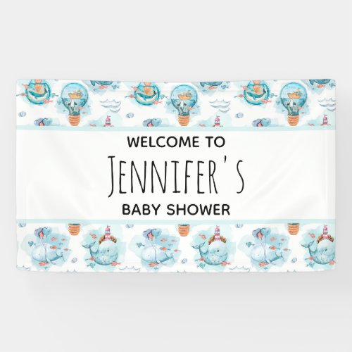 Cute Nautical Whales Watercolor Baby Shower Banner