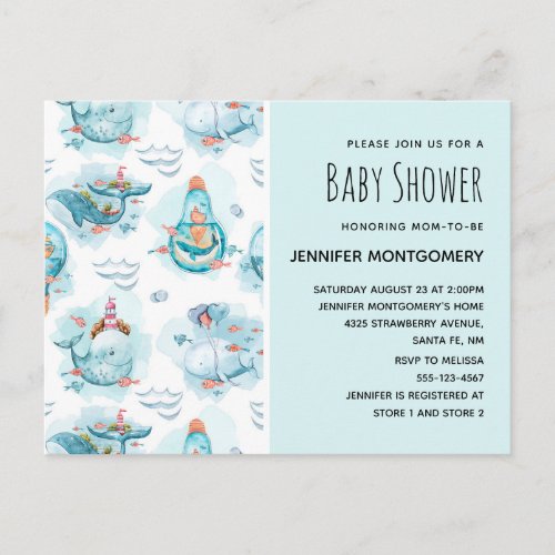 Cute Nautical Whales Watercolor Baby Shower Invitation Postcard