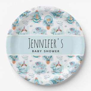 Cute Nautical Whales Watercolor Baby Shower Paper Plates