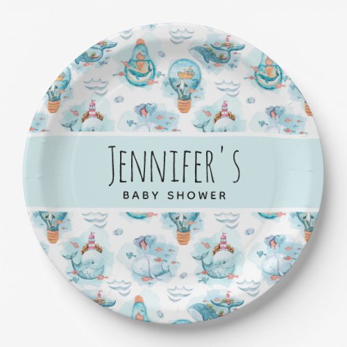 Cute Nautical Whales Watercolor Baby Shower Paper Plates