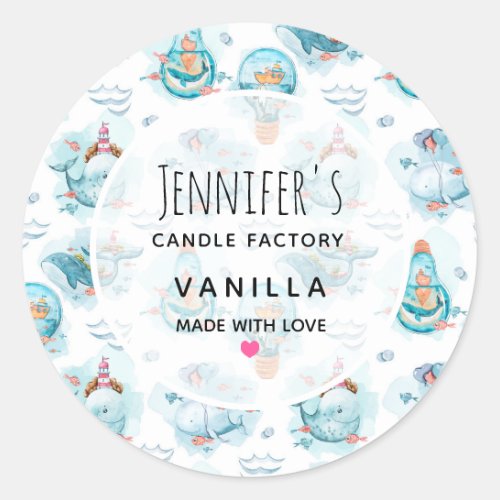 Cute Nautical Whales Watercolor Candle or Soap Classic Round Sticker