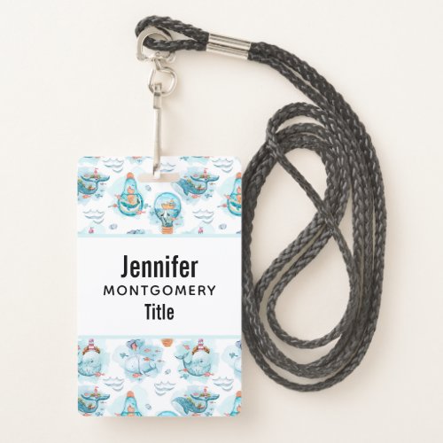 Cute Nautical Whales Watercolor Pattern Badge