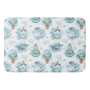 Cute Nautical Whales Watercolor Pattern Bath Mat