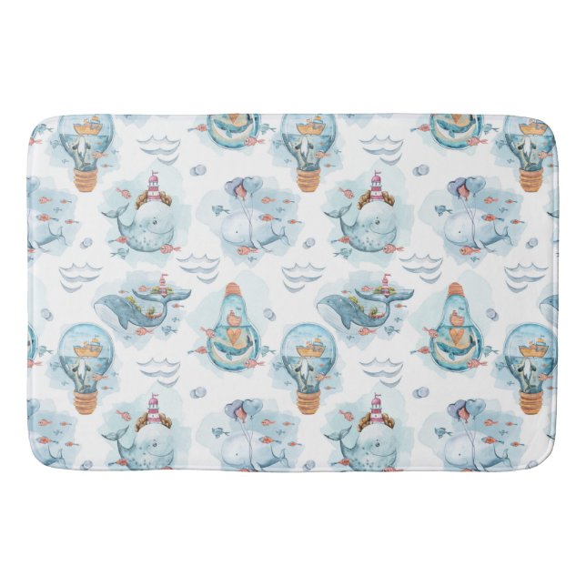 Cute Nautical Whales Watercolor Pattern Bath Mat (Front)