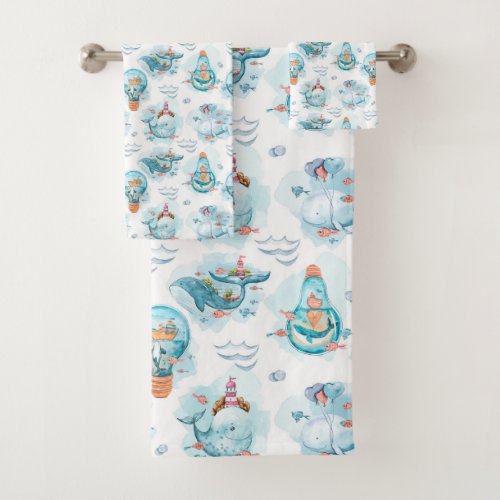 Cute Nautical Whales Watercolor Pattern Bath Towel Set