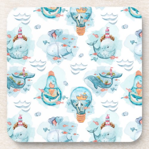 Cute Nautical Whales Watercolor Pattern Beverage Coaster