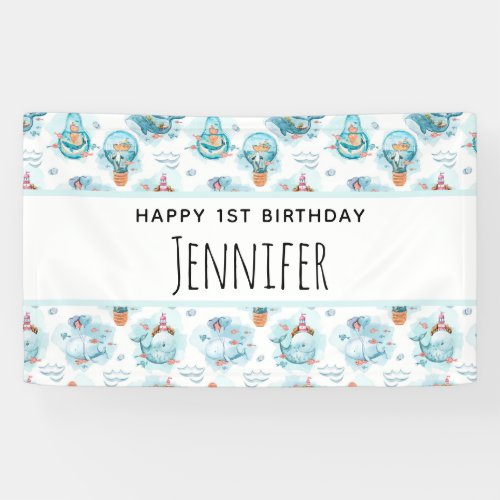 Cute Nautical Whales Watercolor Pattern Birthday Banner